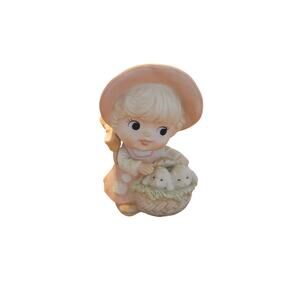 Vintage Homco Figurine Little Blonde Girl With Bow with Lambs in basket